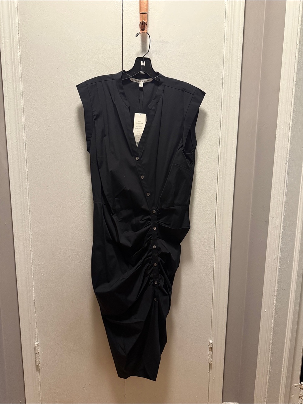 Veronica Beard Black Button-Front Ruched Cap-Sleeve Midi Dress